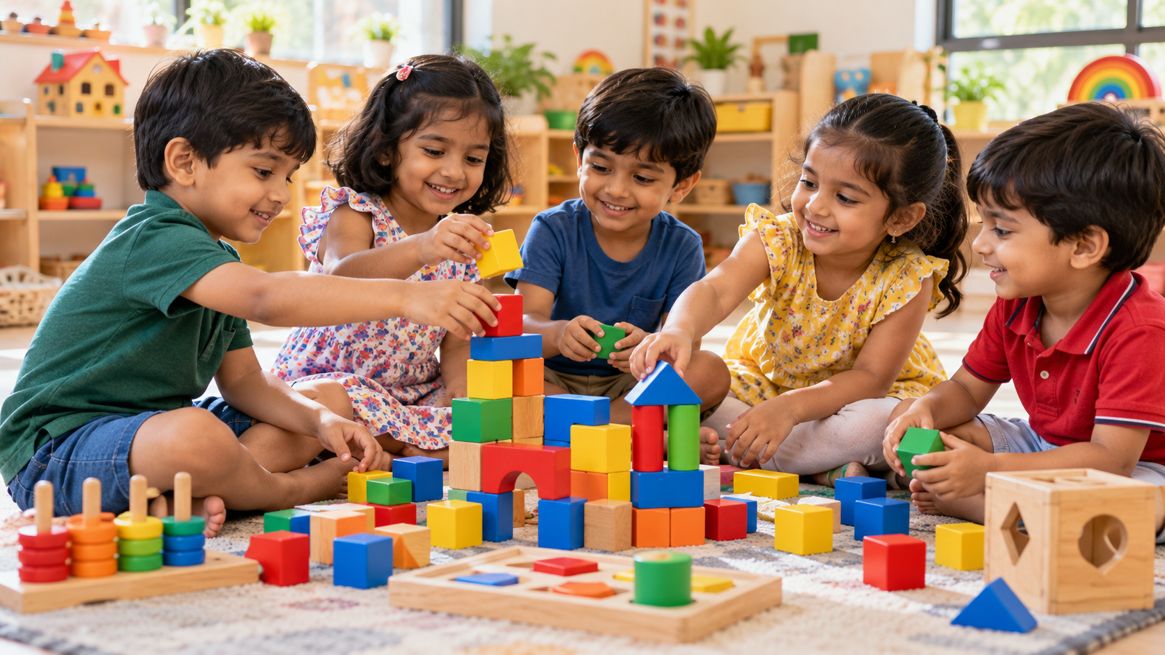 Indian preschool children building with colorful blocks during play-based learning