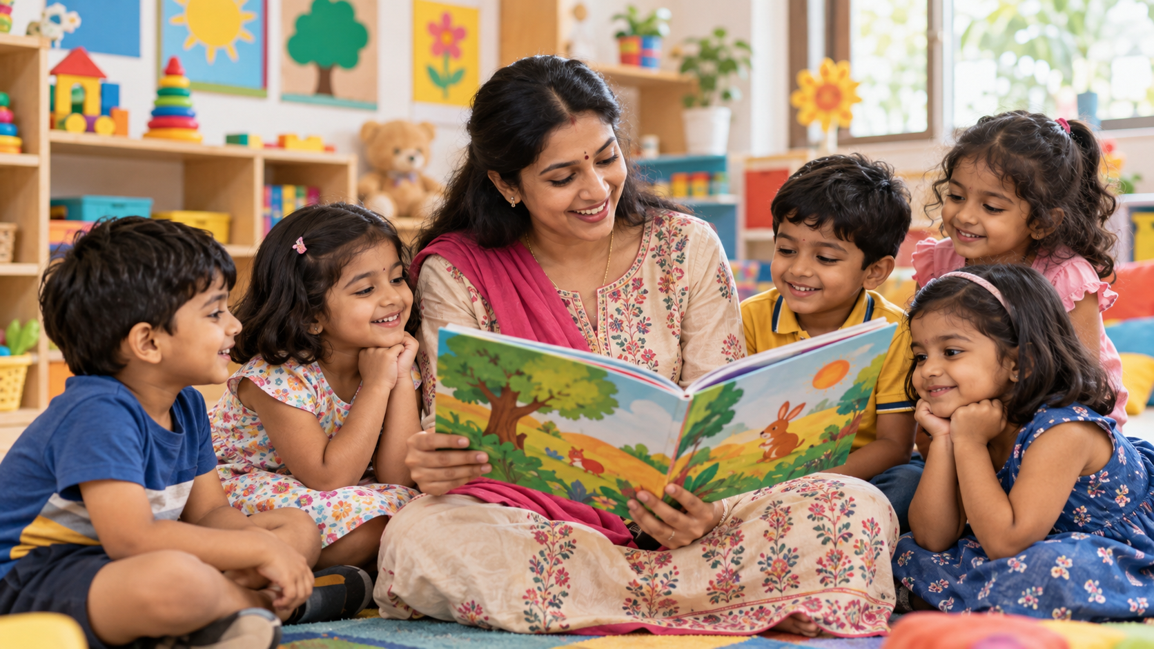 Indian preschool children enjoying storytime with their teacher