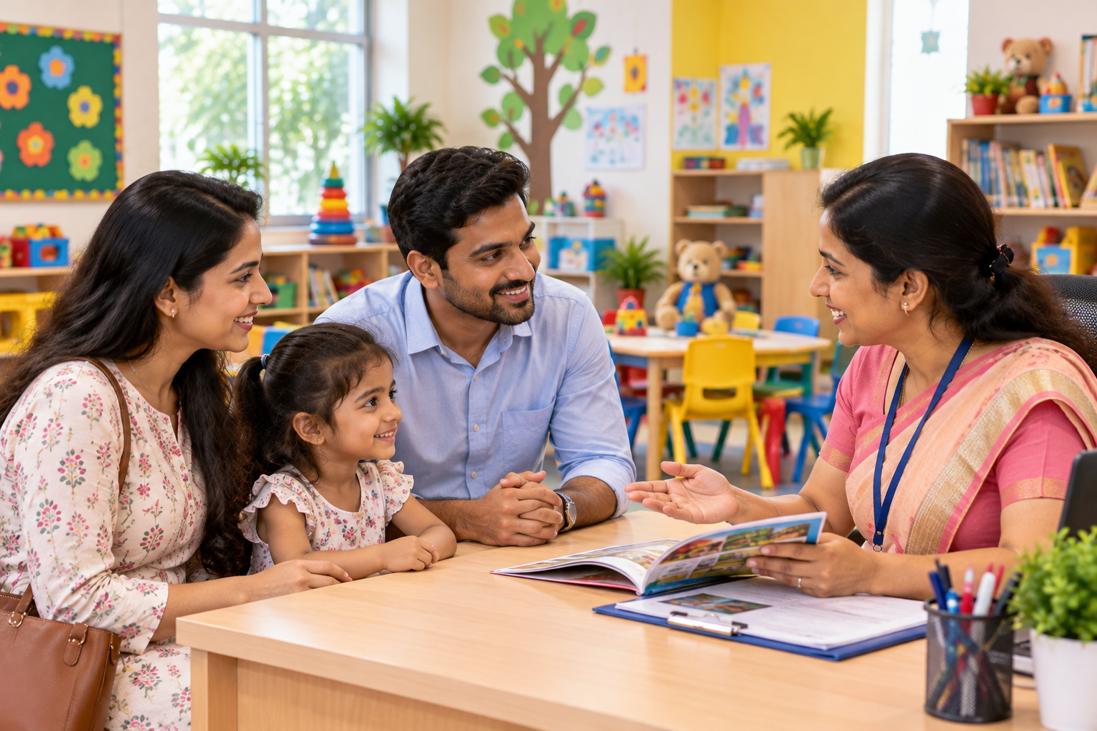 Parents and child discussing preschool admission with a teacher