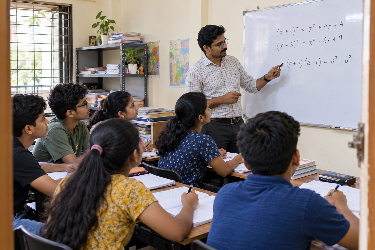 Teacher providing individual guidance to students in tuition class